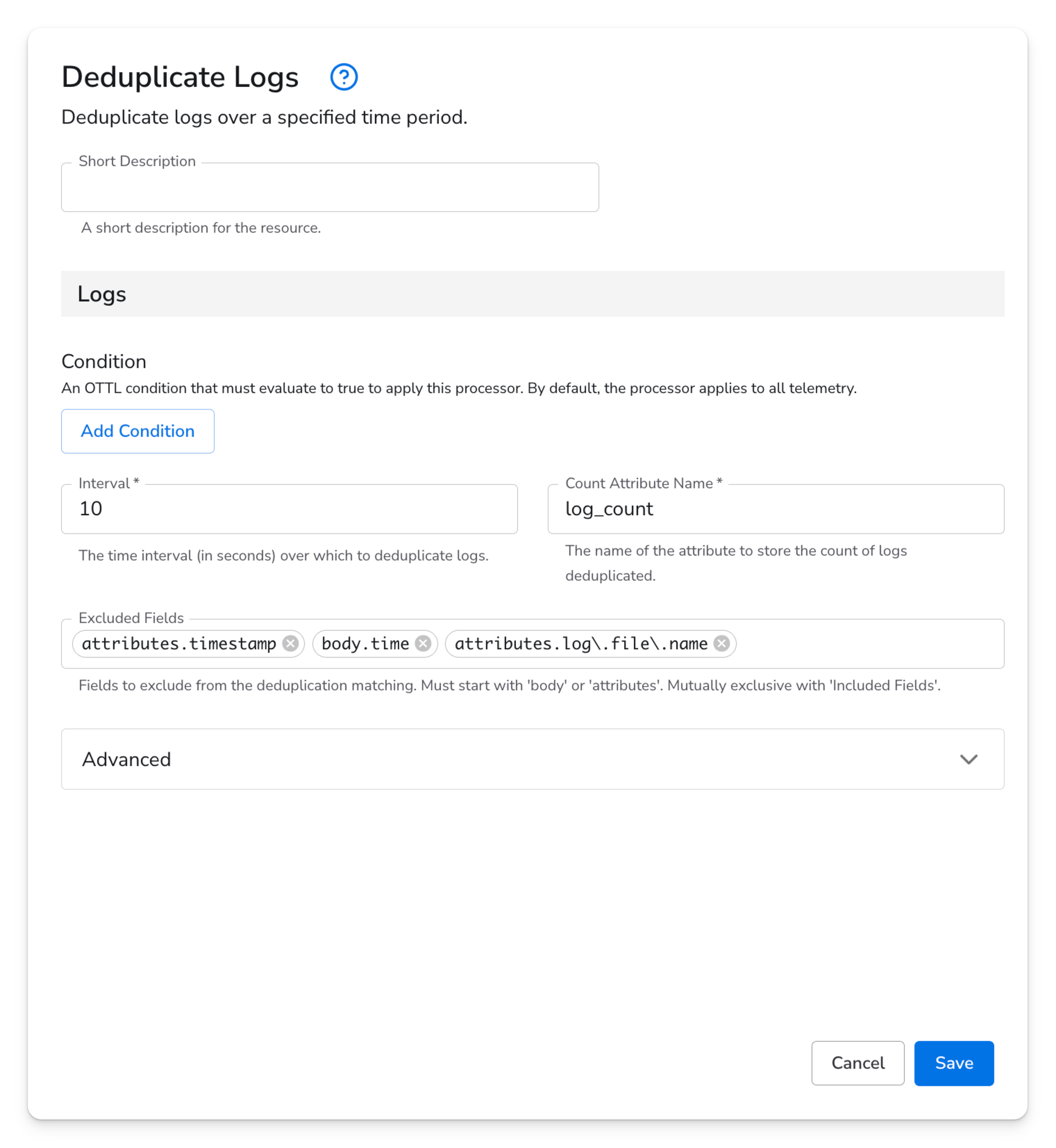 observIQ docs - Deduplicate Logs - image 2